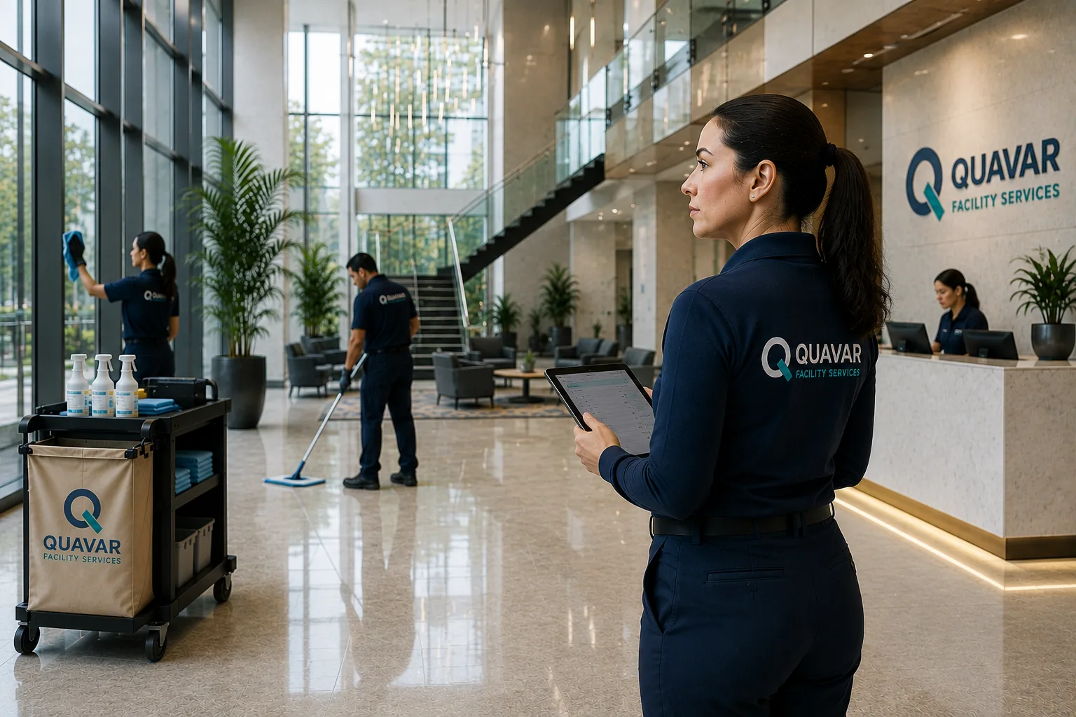 Facility services supervisor reviewing operational standards on a tablet
